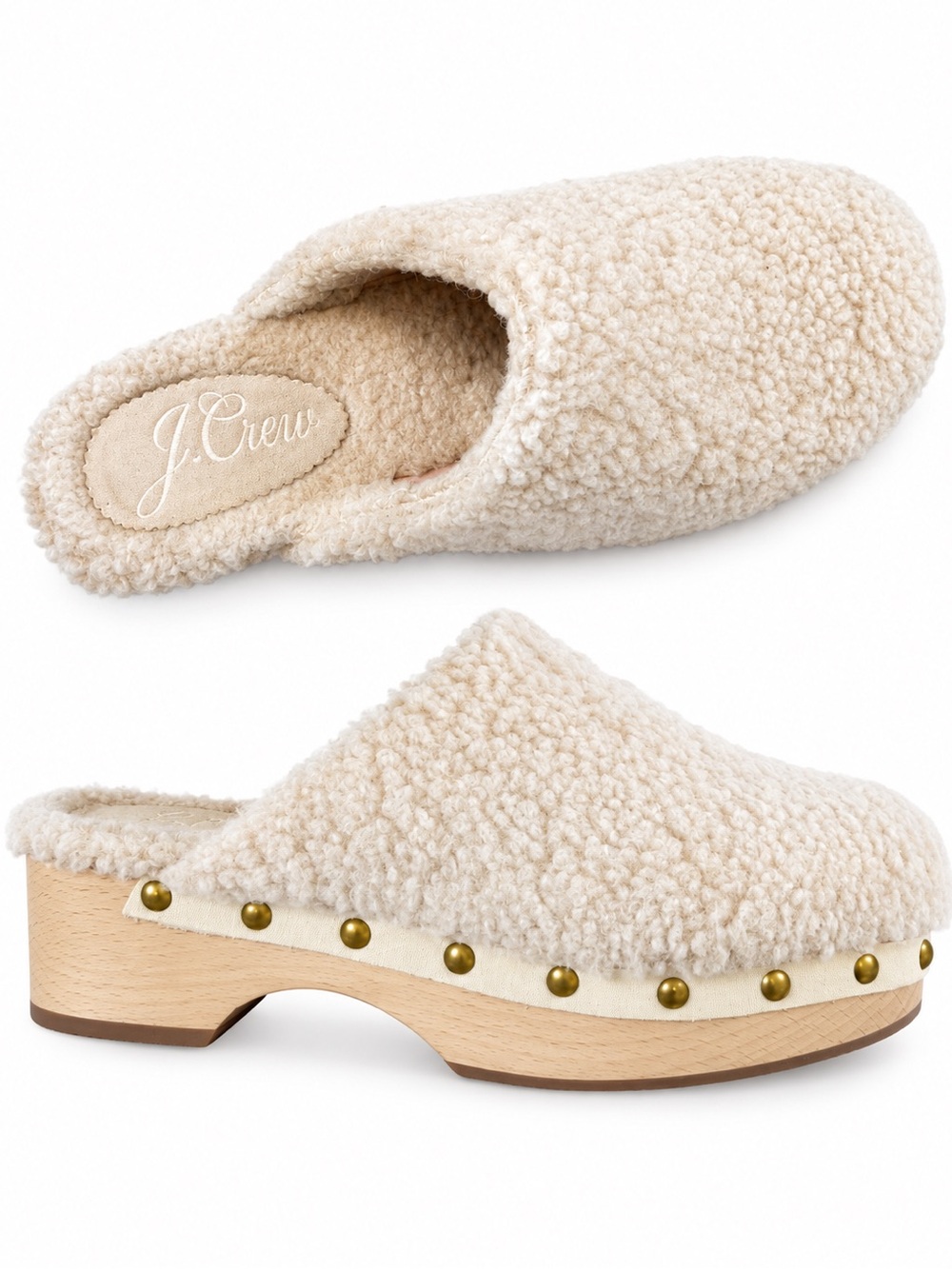 J.Crew Cream Sherpa Studded Wooden Clog Mules Size 6.5